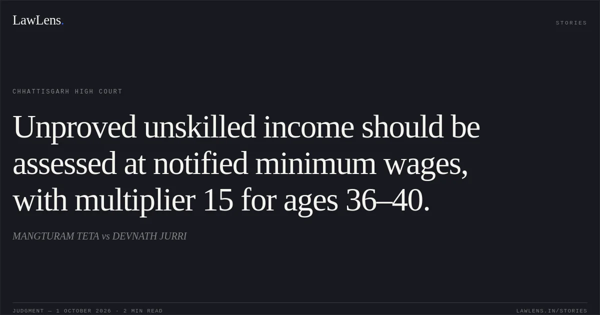 Unproved unskilled income should be assessed at notified minimum wages, with multiplier 15 for ages 36–40.. MANGTURAM TETA vs DEVNATH JURRI. Chhattisgarh High Court. LawLens
