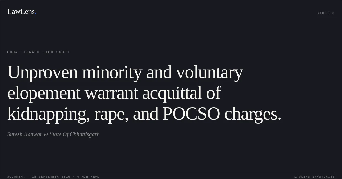 Unproven minority and voluntary elopement warrant acquittal of kidnapping, rape, and POCSO charges.. Suresh Kanwar vs State Of Chhattisgarh. Chhattisgarh High Court. LawLens
