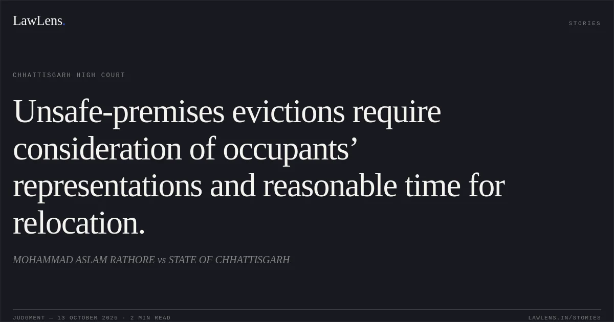 Unsafe-premises evictions require consideration of occupants’ representations and reasonable time for relocation.. MOHAMMAD ASLAM RATHORE vs STATE OF CHHATTISGARH. Chhattisgarh High Court. LawLens