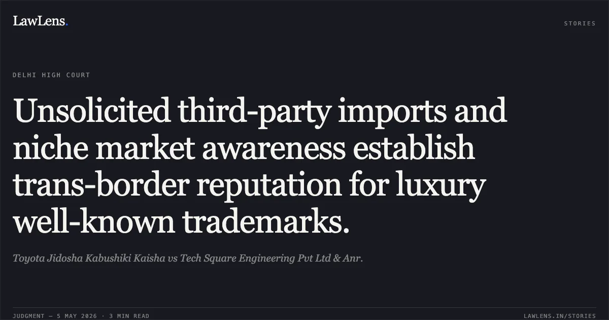 Unsolicited third-party imports and niche market awareness establish trans-border reputation for luxury well-known trademarks.. Toyota Jidosha Kabushiki Kaisha vs Tech Square Engineering Pvt Ltd & Anr.. Delhi High Court. LawLens