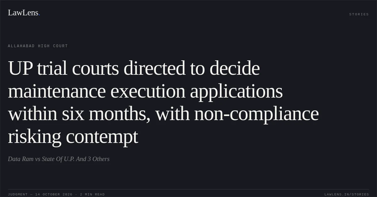 UP trial courts directed to decide maintenance execution applications within six months, with non-compliance risking contempt. Data Ram vs State Of U.P. And 3 Others. Allahabad High Court. LawLens