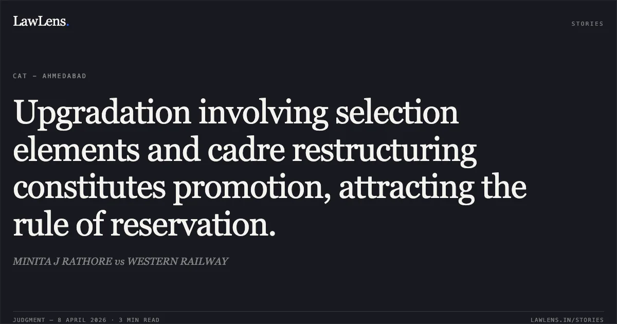 Upgradation involving selection elements and cadre restructuring constitutes promotion, attracting the rule of reservation.. MINITA J RATHORE vs WESTERN RAILWAY. Central Administrative Tribunal. LawLens