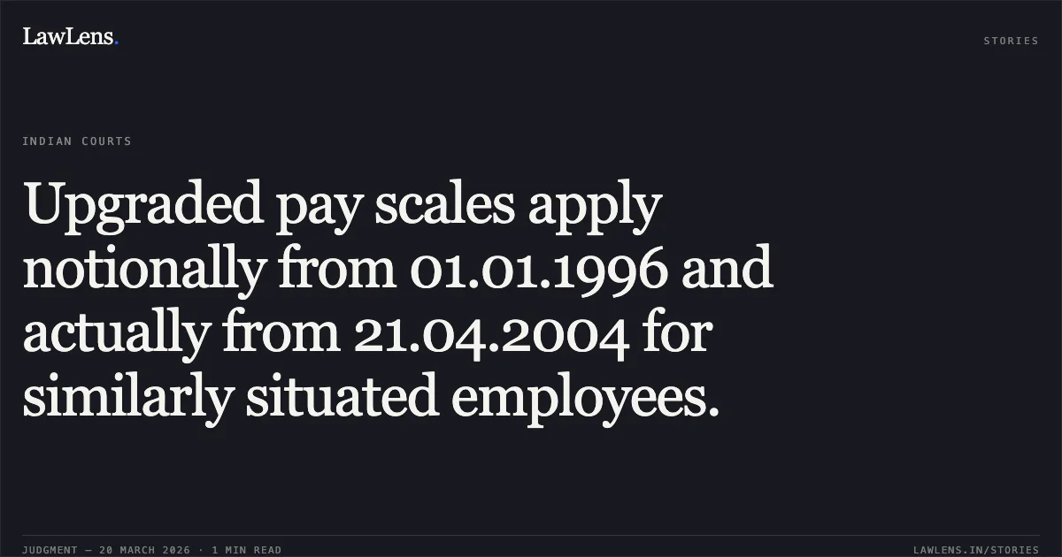 Upgraded pay scales apply notionally from 01.01.1996 and actually from 21.04.2004 for similarly situated employees.. V Natarajan vs M/O FINANCE. Central Administrative Tribunal. LawLens