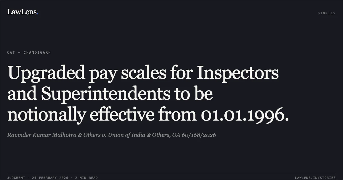 Upgraded pay scales for Inspectors and Superintendents to be notionally effective from 01.01.1996.. Ravinder Kumar Malhotra & Others v. Union of India & Others, OA 60/168/2026. Central Administrative Tribunal. LawLens
