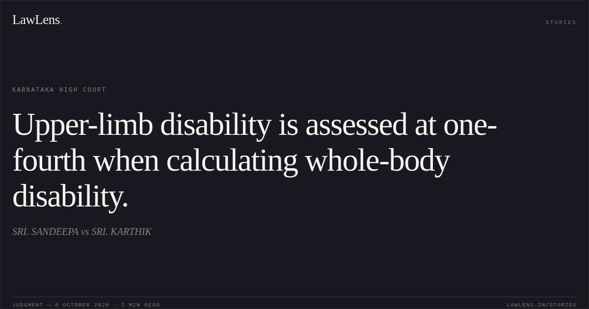 Upper-limb disability is assessed at one-fourth when calculating whole-body disability.. SRI. SANDEEPA vs SRI. KARTHIK. Karnataka High Court. LawLens