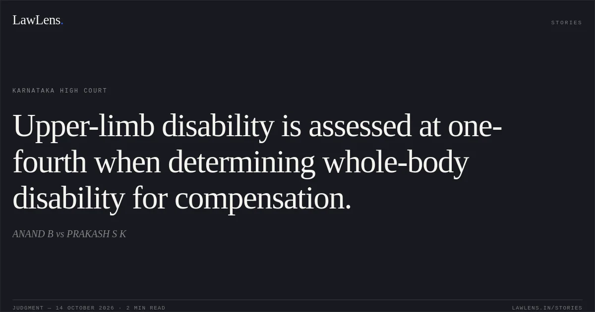 Upper-limb disability is assessed at one-fourth when determining whole-body disability for compensation.. ANAND B vs PRAKASH S K. Karnataka High Court. LawLens