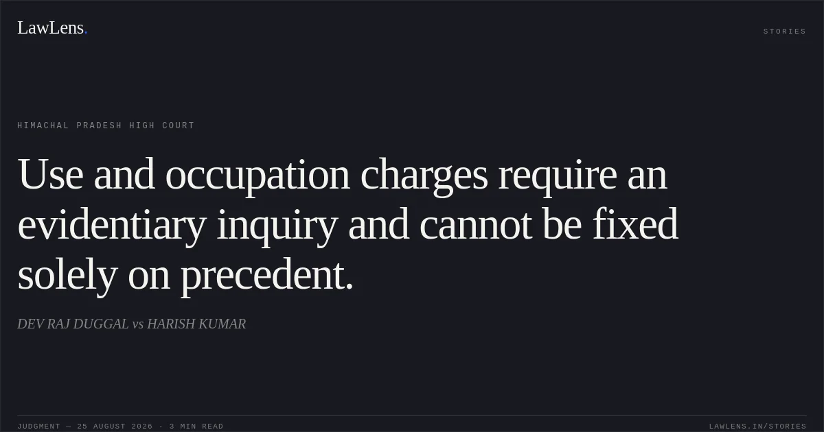 Use and occupation charges require an evidentiary inquiry and cannot be fixed solely on precedent.. DEV RAJ DUGGAL vs HARISH KUMAR. Himachal Pradesh High Court. LawLens