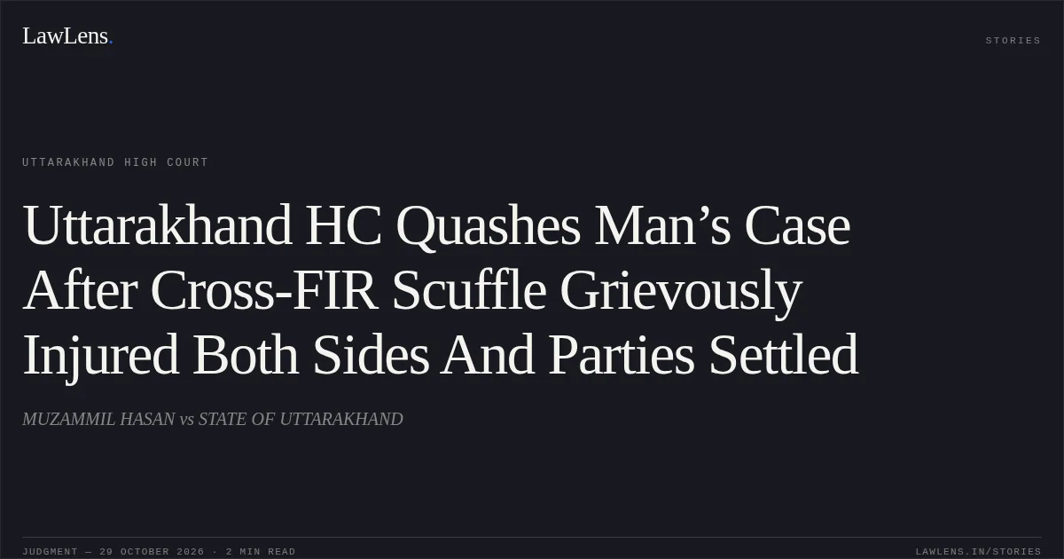 Uttarakhand HC Quashes Man’s Case After Cross-FIR Scuffle Grievously Injured Both Sides And Parties Settled. MUZAMMIL HASAN vs STATE OF UTTARAKHAND. Uttarakhand High Court. LawLens