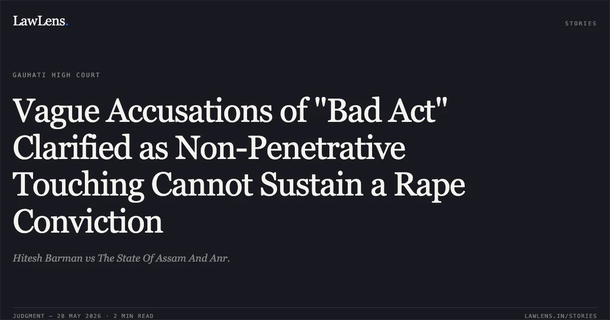 Vague Accusations of "Bad Act" Clarified as Non-Penetrative Touching Cannot Sustain a Rape Conviction. Hitesh Barman vs The State Of Assam And Anr.. Gauhati High Court. LawLens