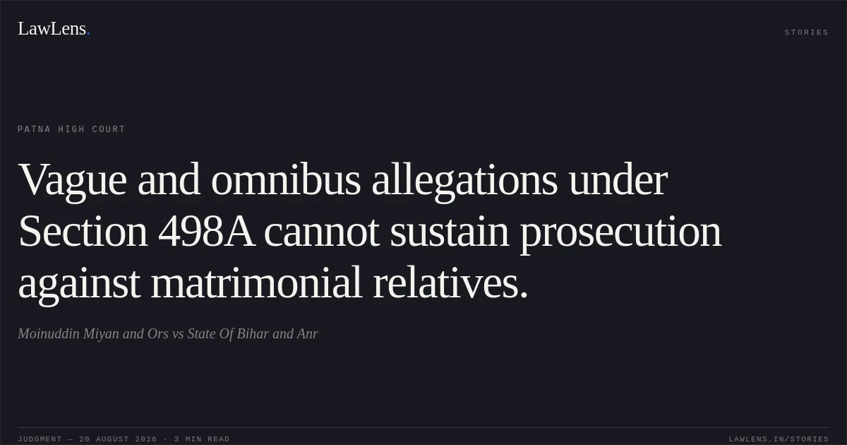 Vague and omnibus allegations under Section 498A cannot sustain prosecution against matrimonial relatives.. Moinuddin Miyan and Ors vs State Of Bihar and Anr. Patna High Court. LawLens