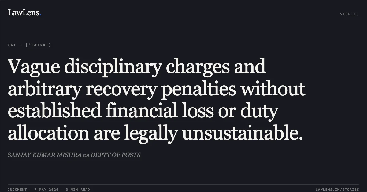 Vague disciplinary charges and arbitrary recovery penalties without established financial loss or duty allocation are legally unsustainable.. SANJAY KUMAR MISHRA vs DEPTT OF POSTS. Central Administrative Tribunal. LawLens