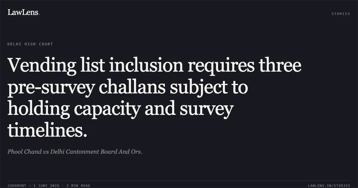 Vending list inclusion requires three pre-survey challans subject to holding capacity and survey timelines.. Phool Chand vs Delhi Cantonment Board And Ors.. Delhi High Court. LawLens