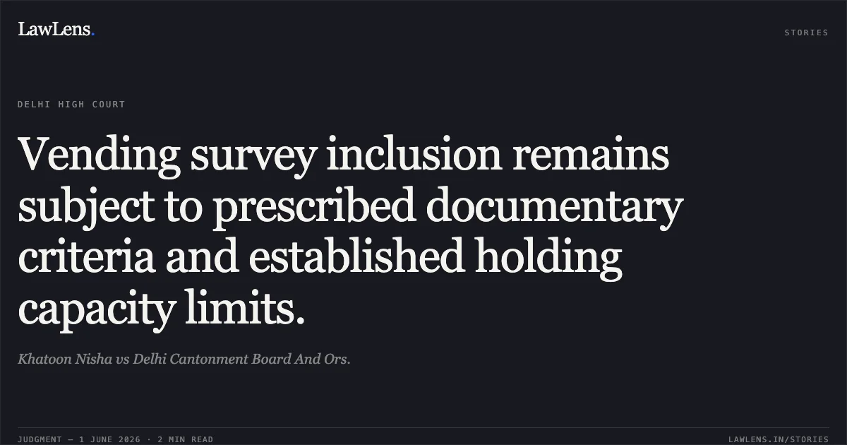 Vending survey inclusion remains subject to prescribed documentary criteria and established holding capacity limits.. Khatoon Nisha vs Delhi Cantonment Board And Ors.. Delhi High Court. LawLens