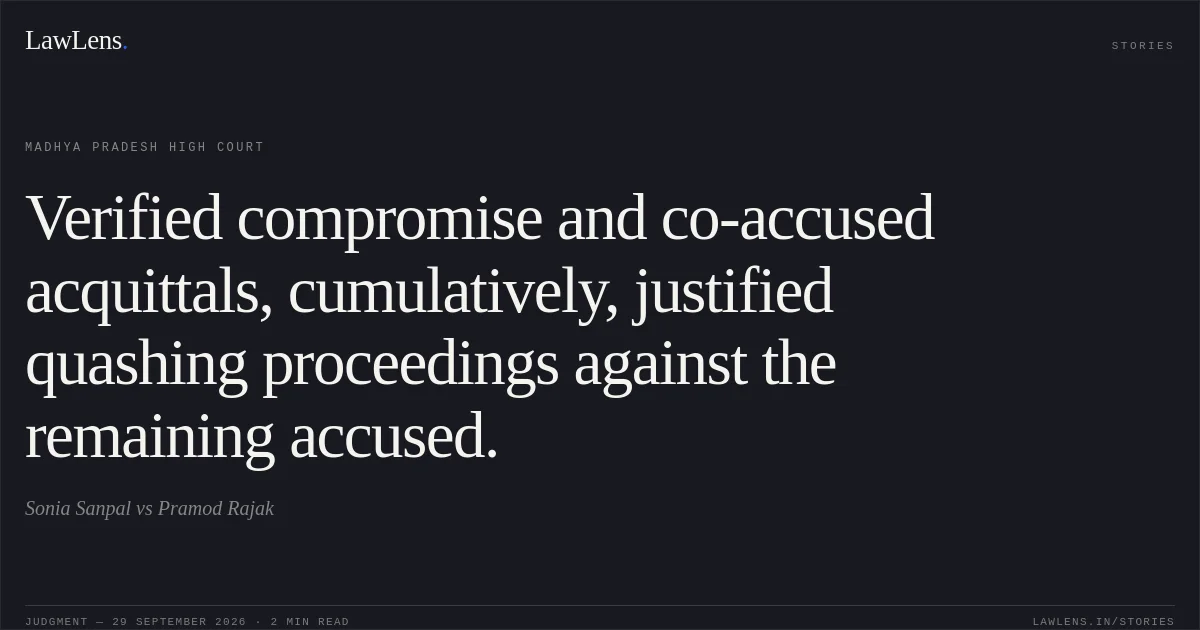 Verified compromise and co-accused acquittals, cumulatively, justified quashing proceedings against the remaining accused.. Sonia Sanpal vs Pramod Rajak. Madhya Pradesh High Court. LawLens