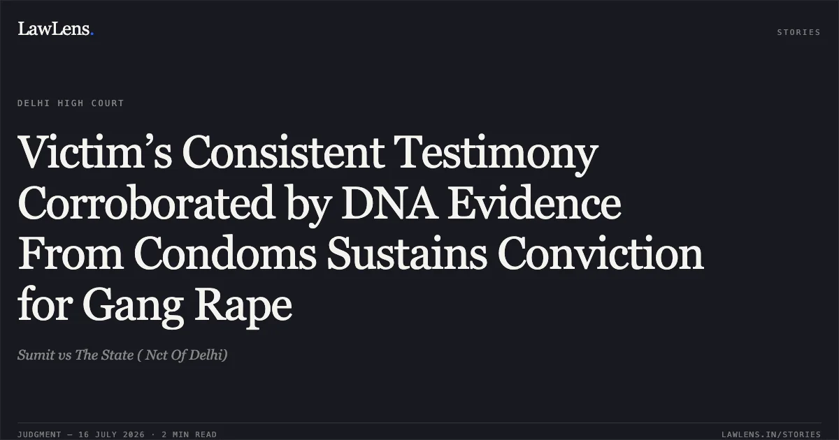 Victim’s Consistent Testimony Corroborated by DNA Evidence From Condoms Sustains Conviction for Gang Rape. Sumit vs The State ( Nct Of Delhi). Delhi High Court. LawLens