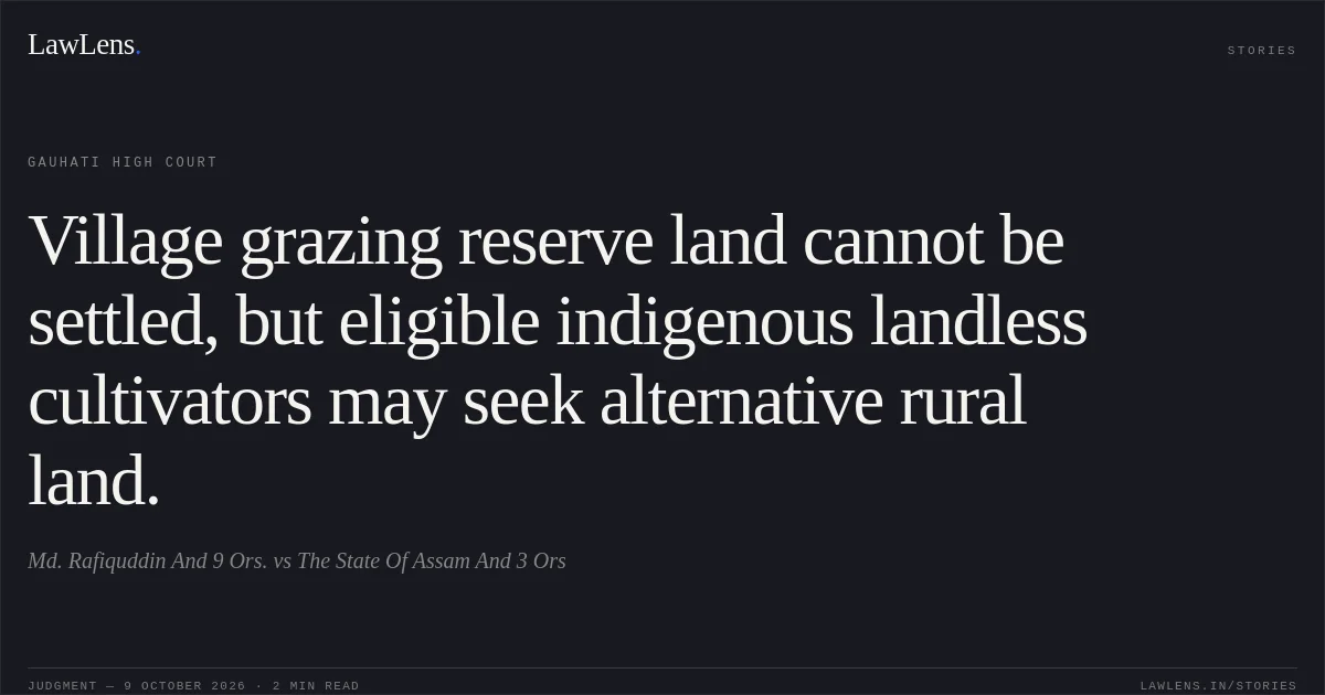 Village grazing reserve land cannot be settled, but eligible indigenous landless cultivators may seek alternative rural land.. Md. Rafiquddin And 9 Ors. vs The State Of Assam And 3 Ors. Gauhati High Court. LawLens