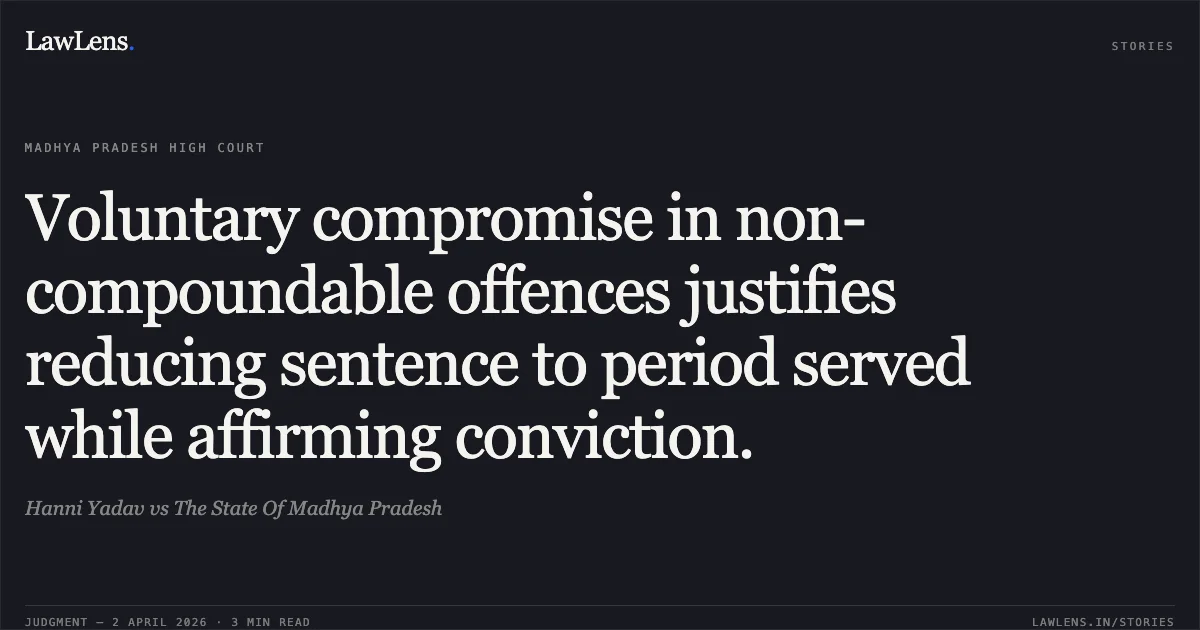 Voluntary compromise in non-compoundable offences justifies reducing sentence to period served while affirming conviction.. Hanni Yadav vs The State Of Madhya Pradesh. Madhya Pradesh High Court. LawLens