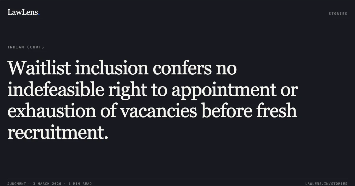 Waitlist inclusion confers no indefeasible right to appointment or exhaustion of vacancies before fresh recruitment.. Jyoti Portey & Ors. v. State of Chhattisgarh & Ors. [2026:CGHC:10450-DB]. Chhattisgarh High Court. LawLens