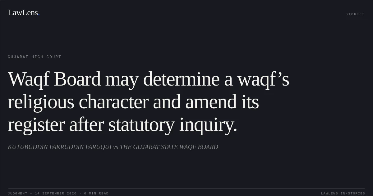 Waqf Board may determine a waqf’s religious character and amend its register after statutory inquiry.. KUTUBUDDIN FAKRUDDIN FARUQUI vs THE GUJARAT STATE WAQF BOARD. Gujarat High Court. LawLens