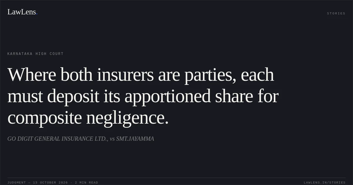 Where both insurers are parties, each must deposit its apportioned share for composite negligence.. GO DIGIT GENERAL INSURANCE LTD., vs SMT.JAYAMMA. Karnataka High Court. LawLens