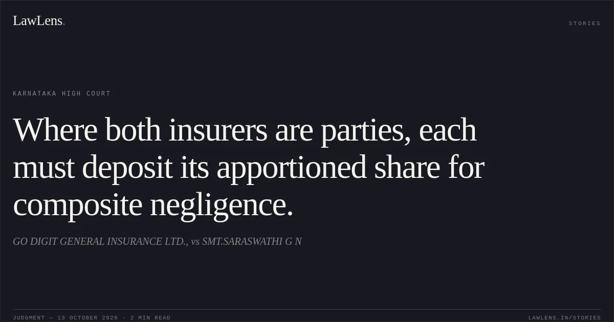 Where both insurers are parties, each must deposit its apportioned share for composite negligence.. GO DIGIT GENERAL INSURANCE  LTD., vs SMT.SARASWATHI G N. Karnataka High Court. LawLens