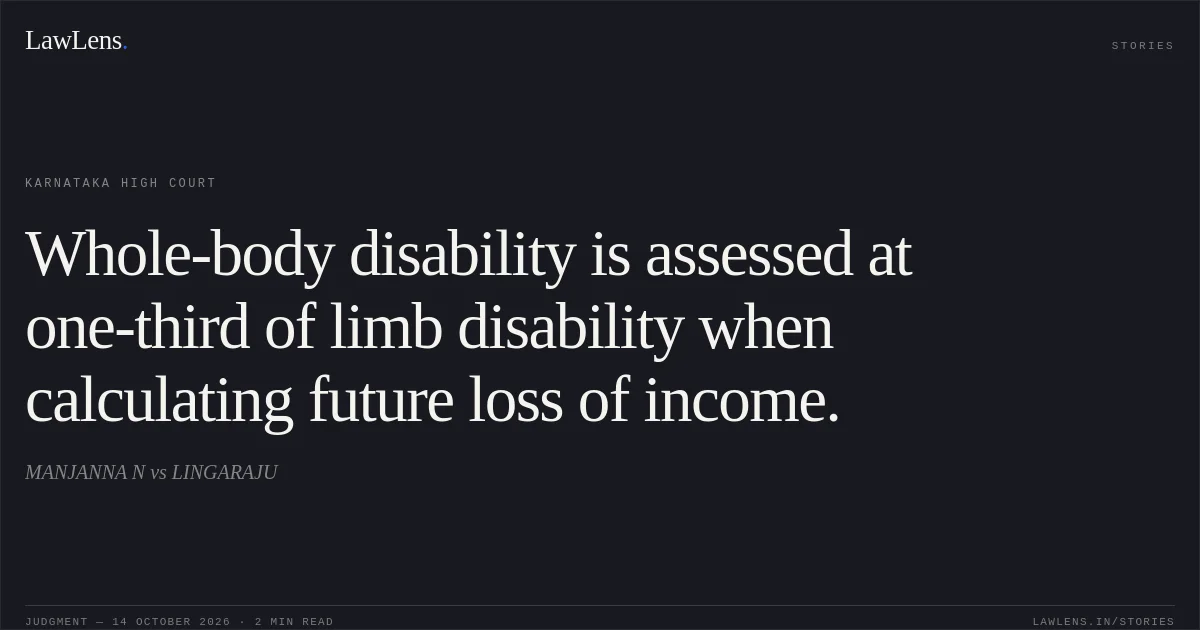 Whole-body disability is assessed at one-third of limb disability when calculating future loss of income.. MANJANNA N vs LINGARAJU. Karnataka High Court. LawLens