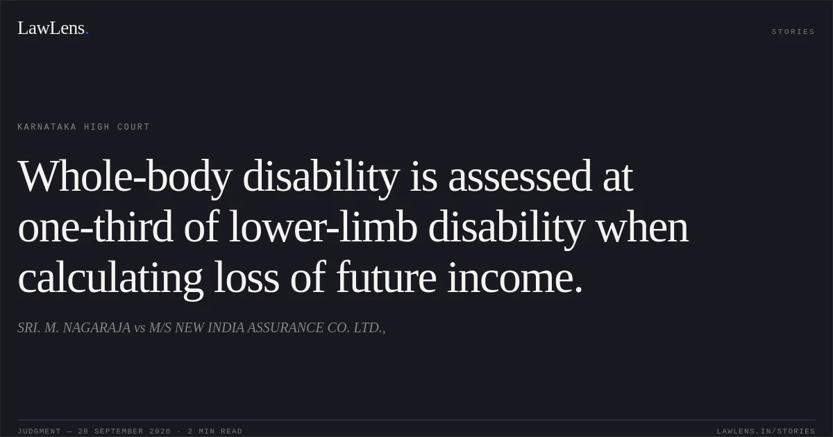 Whole-body disability is assessed at one-third of lower-limb disability when calculating loss of future income.. SRI. M. NAGARAJA vs M/S NEW INDIA ASSURANCE CO. LTD.,. Karnataka High Court. LawLens