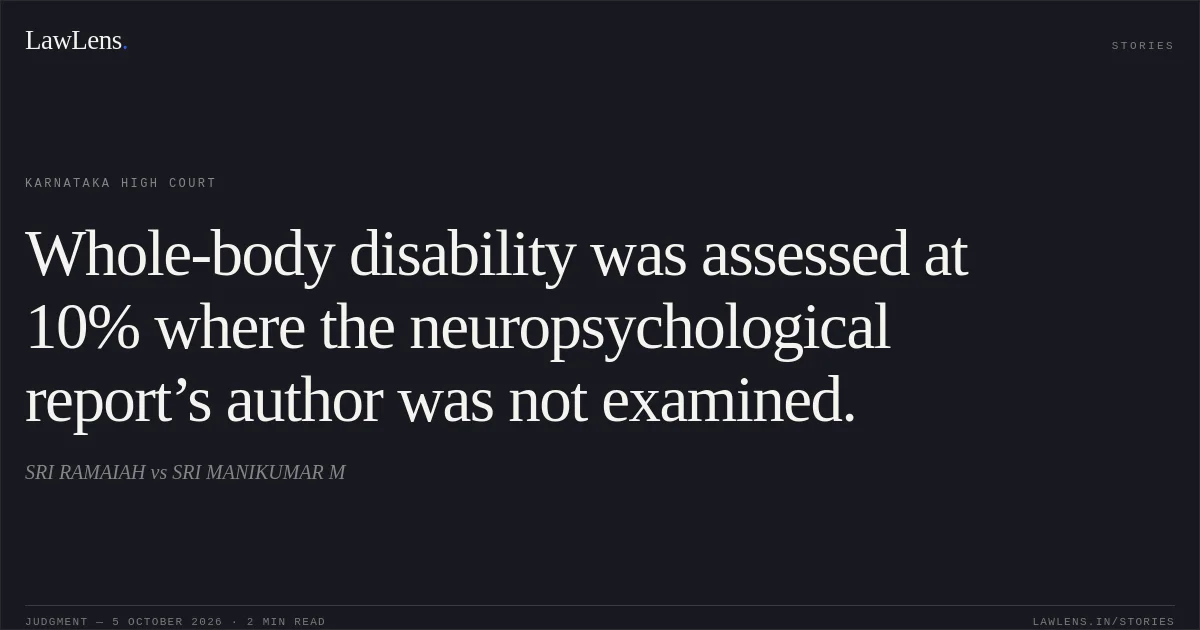 Whole-body disability was assessed at 10% where the neuropsychological report’s author was not examined.. SRI RAMAIAH vs SRI MANIKUMAR M. Karnataka High Court. LawLens