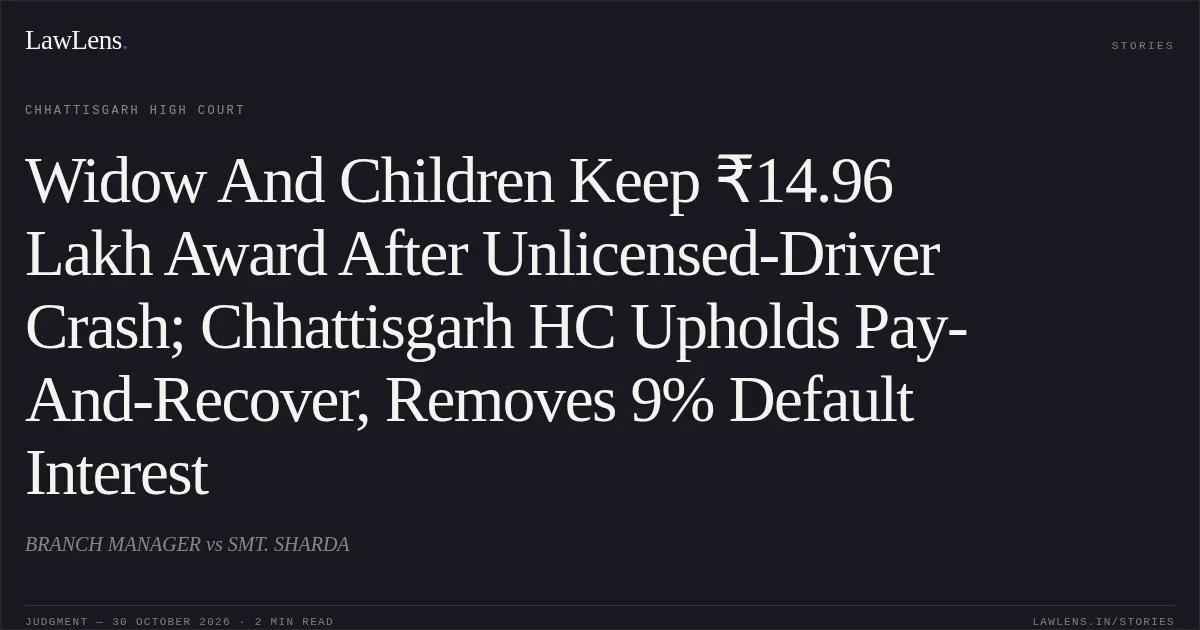 Widow And Children Keep ₹14.96 Lakh Award After Unlicensed-Driver Crash; Chhattisgarh HC Upholds Pay-And-Recover, Removes 9% Default Interest. BRANCH MANAGER vs SMT. SHARDA. Chhattisgarh High Court. LawLens