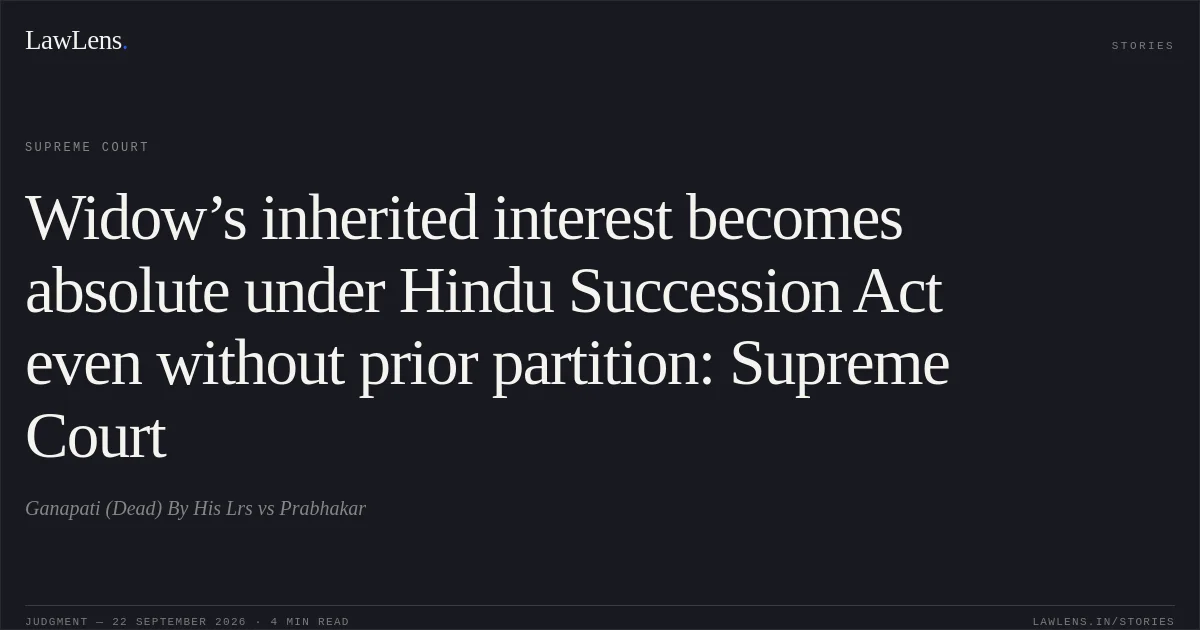 Widow’s inherited interest becomes absolute under Hindu Succession Act even without prior partition: Supreme Court. Ganapati (Dead) By His Lrs vs Prabhakar. Supreme Court. LawLens