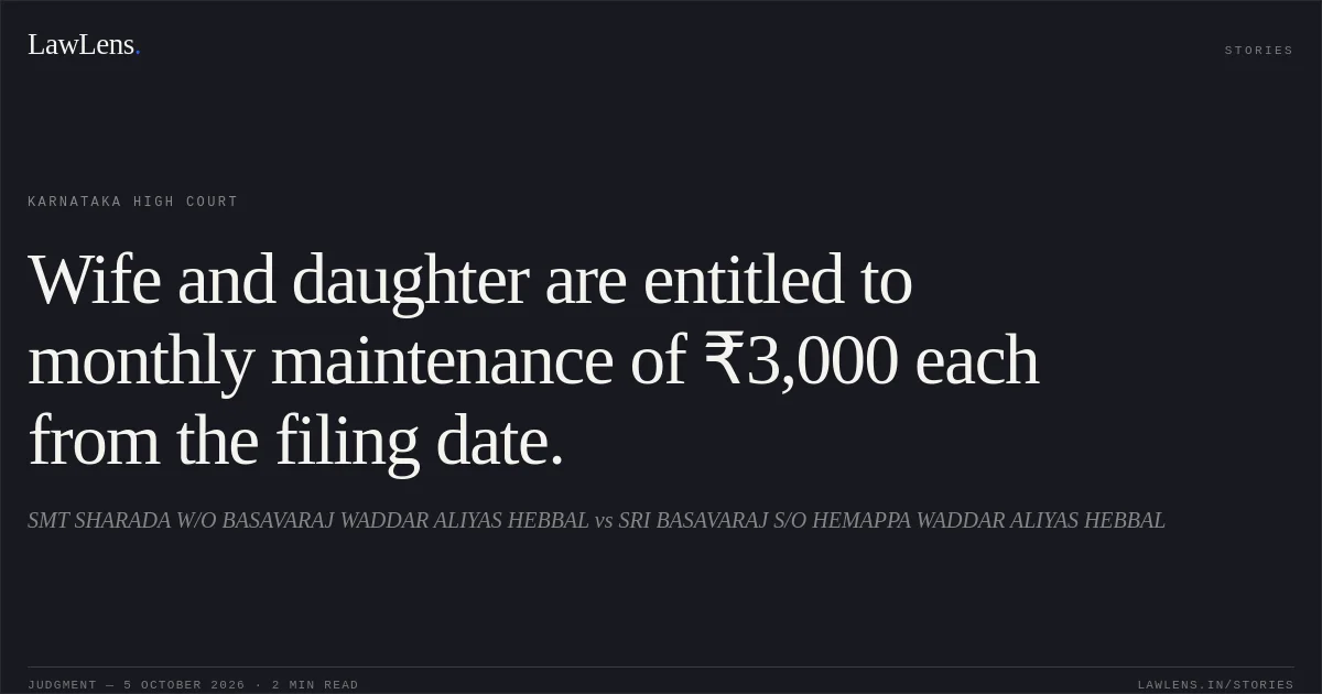 Wife and daughter are entitled to monthly maintenance of ₹3,000 each from the filing date.. SMT SHARADA W/O BASAVARAJ WADDAR ALIYAS HEBBAL vs SRI BASAVARAJ S/O HEMAPPA WADDAR ALIYAS HEBBAL. Karnataka High Court. LawLens