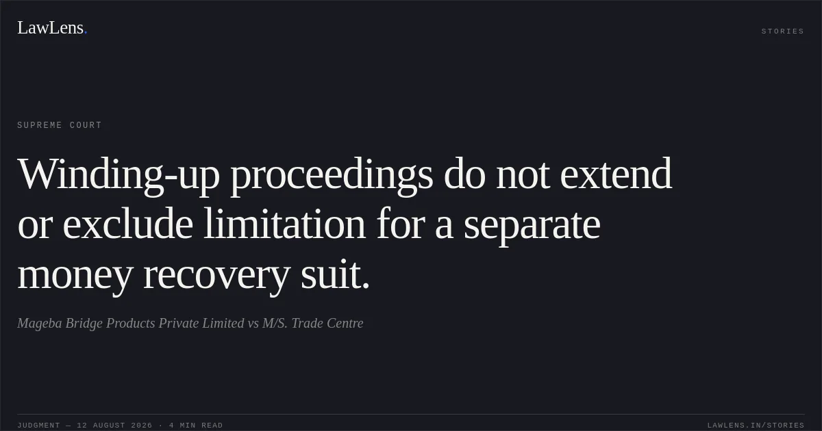 Winding-up proceedings do not extend or exclude limitation for a separate money recovery suit.. Mageba Bridge Products Private Limited vs M/S. Trade Centre. Supreme Court. LawLens