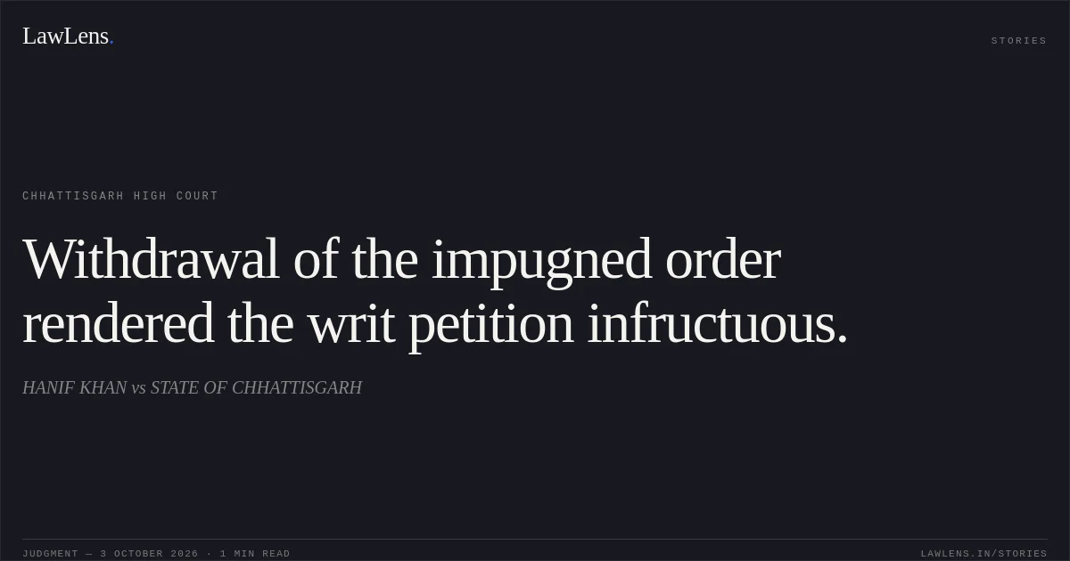 Withdrawal of the impugned order rendered the writ petition infructuous.. HANIF KHAN vs STATE OF CHHATTISGARH. Chhattisgarh High Court. LawLens