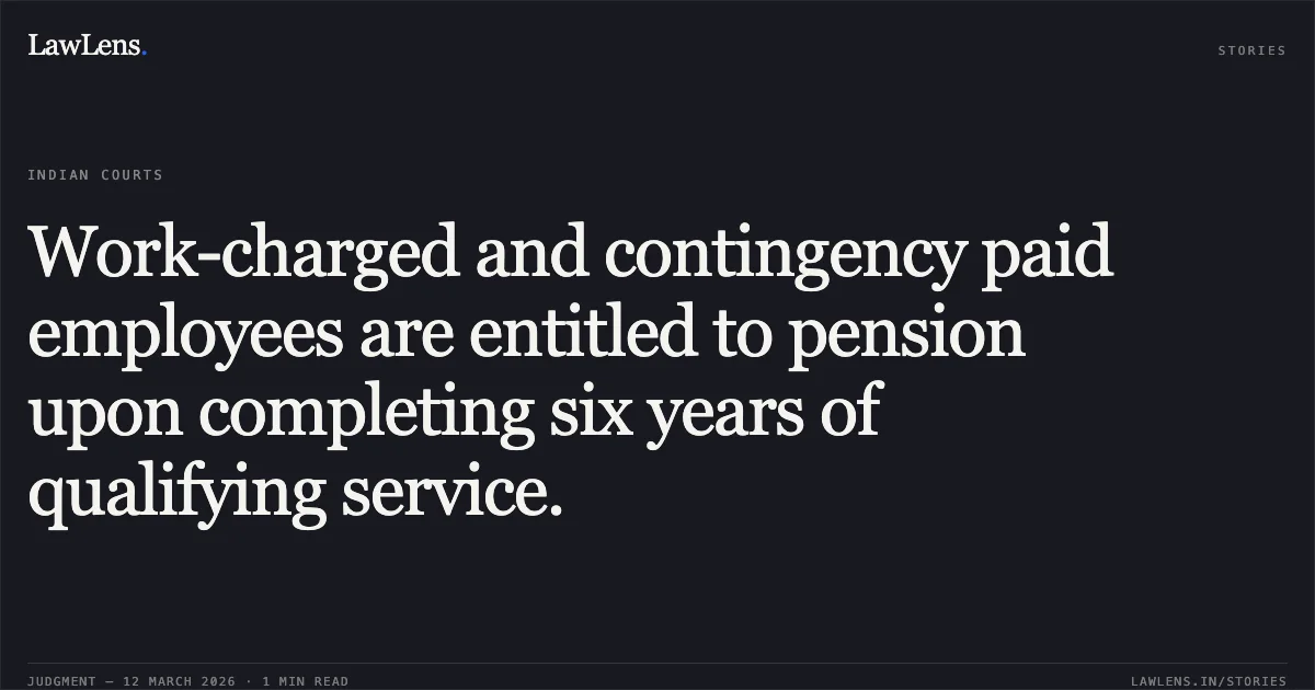 Work-charged and contingency paid employees are entitled to pension upon completing six years of qualifying service.. Indrasen Jain (Deleted) and Others v. The State of Madhya Pradesh Thr and Others [2026:MPHC-GWL:8637]. Madhya Pradesh High Court. LawLens