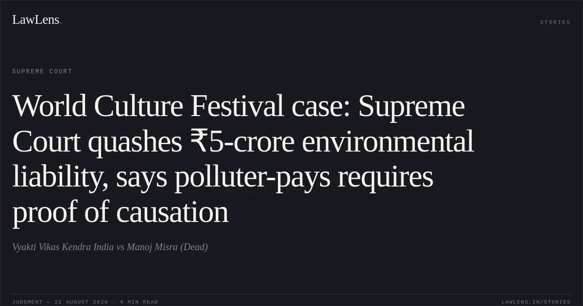 World Culture Festival case: Supreme Court quashes ₹5-crore environmental liability, says polluter-pays requires proof of causation. Vyakti Vikas Kendra India vs Manoj Misra (Dead). Supreme Court. LawLens