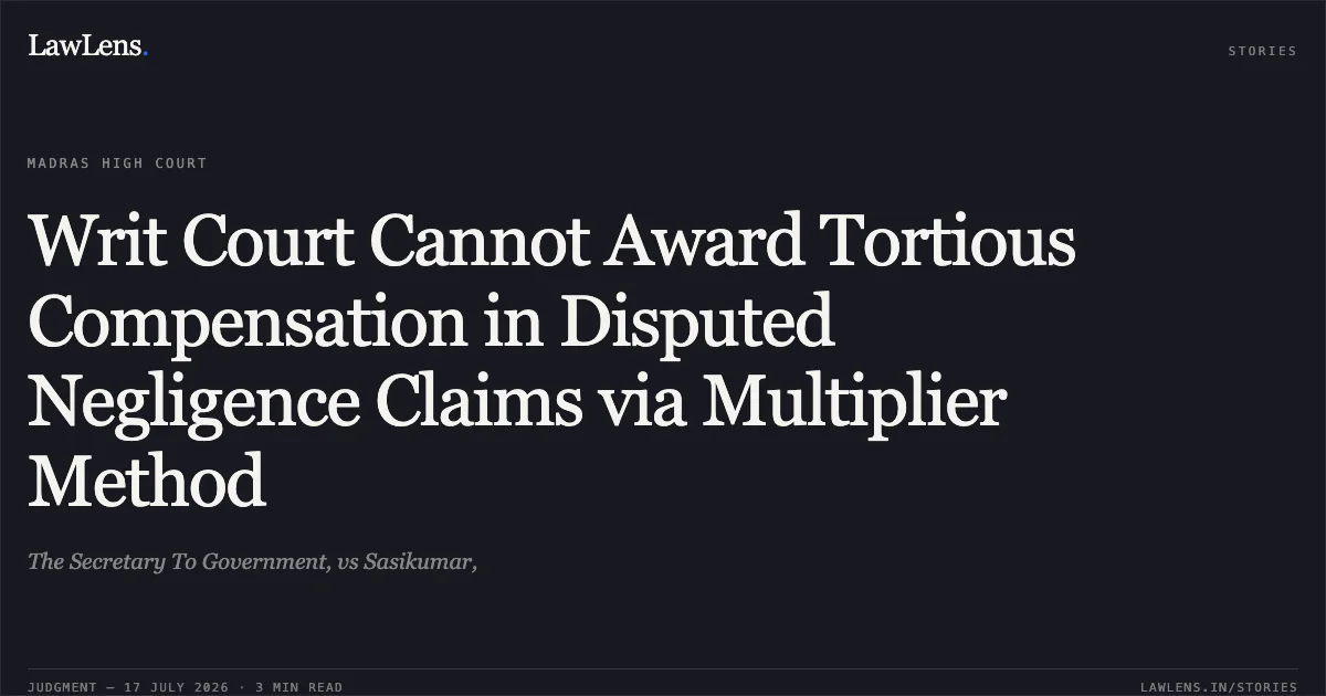 Writ Court Cannot Award Tortious Compensation in Disputed Negligence Claims via Multiplier Method. The Secretary To Government, vs Sasikumar,. Madras High Court. LawLens