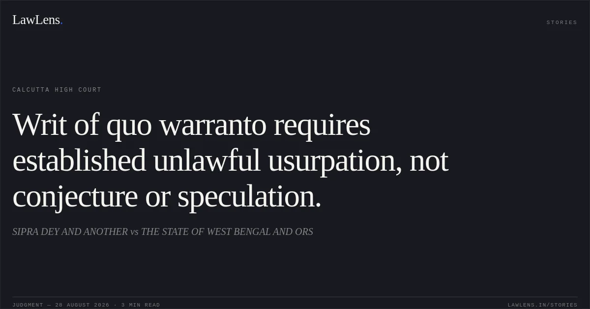Writ of quo warranto requires established unlawful usurpation, not conjecture or speculation.. SIPRA DEY AND ANOTHER vs THE STATE OF WEST BENGAL AND ORS. Calcutta High Court. LawLens