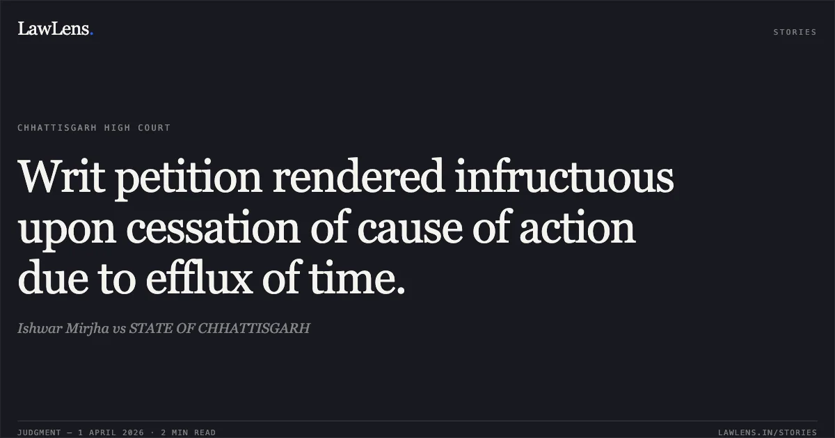 Writ petition rendered infructuous upon cessation of cause of action due to efflux of time.. Ishwar Mirjha vs STATE OF CHHATTISGARH. Chhattisgarh High Court. LawLens
