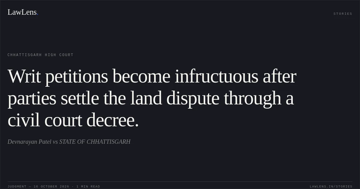 Writ petitions become infructuous after parties settle the land dispute through a civil court decree.. Devnarayan Patel vs STATE OF CHHATTISGARH. Chhattisgarh High Court. LawLens