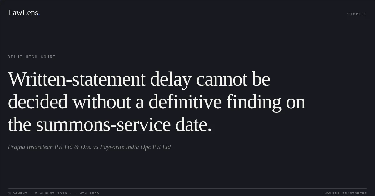Written-statement delay cannot be decided without a definitive finding on the summons-service date.. Prajna Insuretech Pvt Ltd & Ors. vs Payvorite India Opc Pvt Ltd. Delhi High Court. LawLens