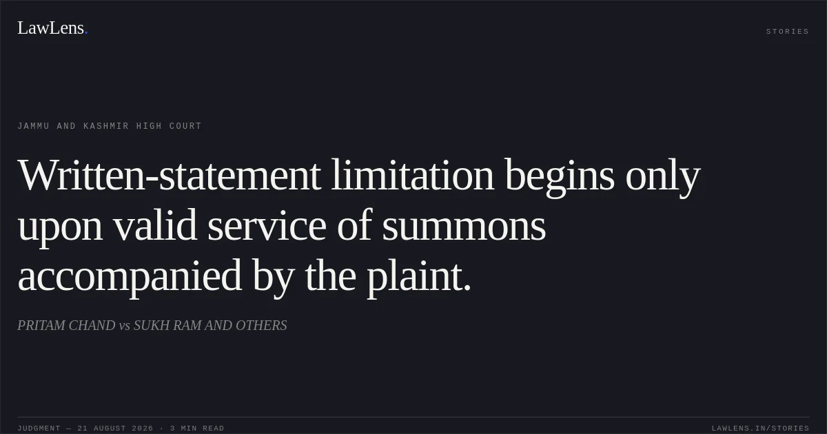 Written-statement limitation begins only upon valid service of summons accompanied by the plaint.. PRITAM CHAND vs SUKH RAM AND OTHERS. Jammu and Kashmir High Court. LawLens