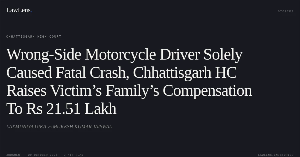 Wrong-Side Motorcycle Driver Solely Caused Fatal Crash, Chhattisgarh HC Raises Victim’s Family’s Compensation To Rs 21.51 Lakh. LAXMUNIYA UIKA vs MUKESH KUMAR JAISWAL. Chhattisgarh High Court. LawLens